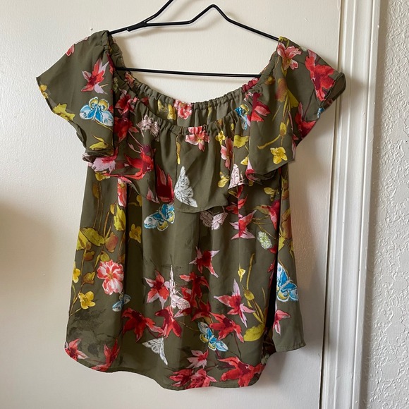 Maeve Anthropologie Floral Print Off The Shoulder Ruffle Top Blouse Olive Green - Picture 3 of 7